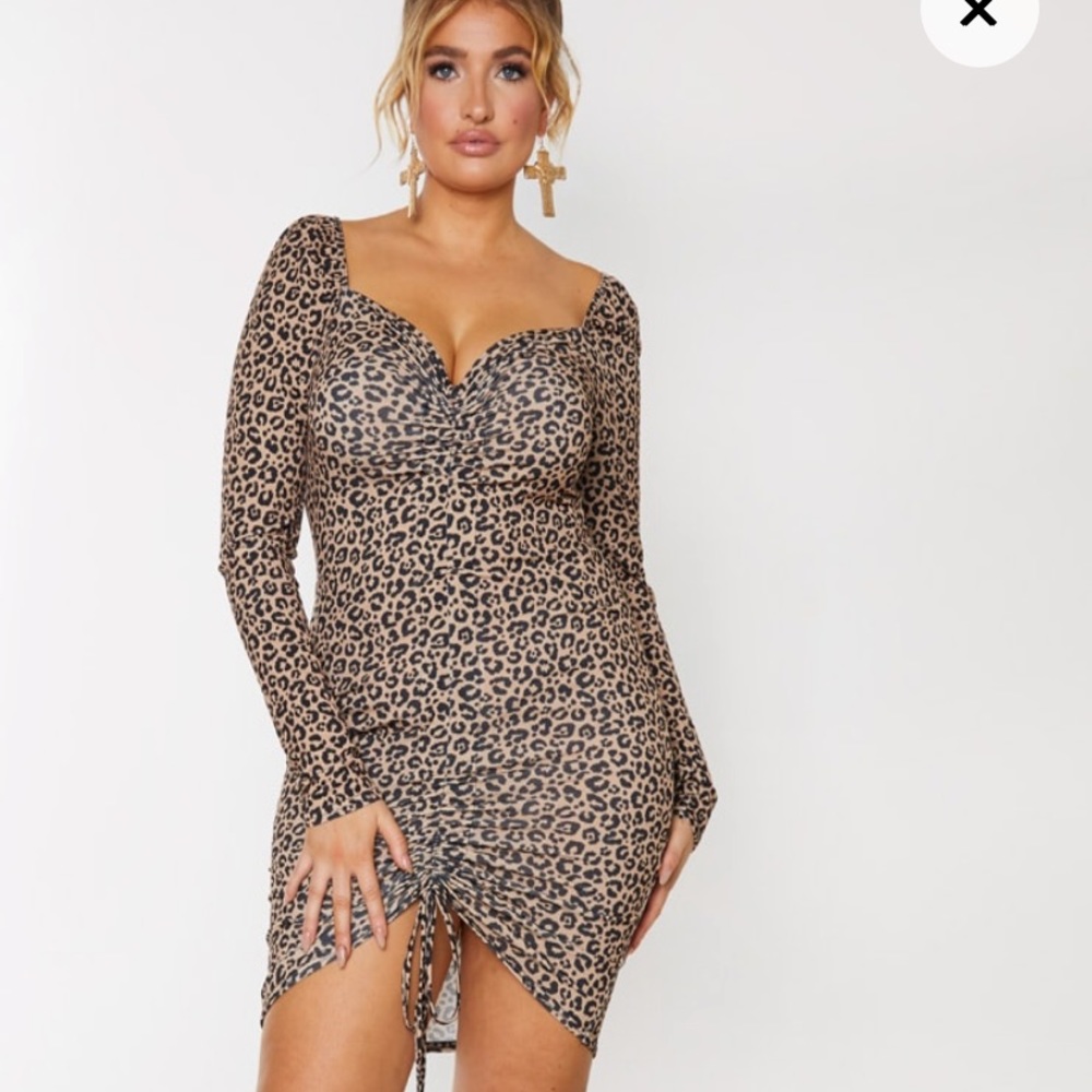 PRETTYLITTLETHING Leopard Ruched Front Bodycon - Picture 1 of 4